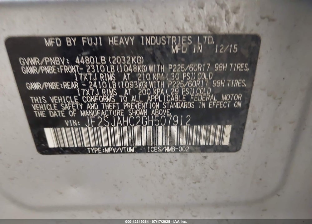 2016 SUBARU FORESTER VIN: JF2SJAHC2GH507912