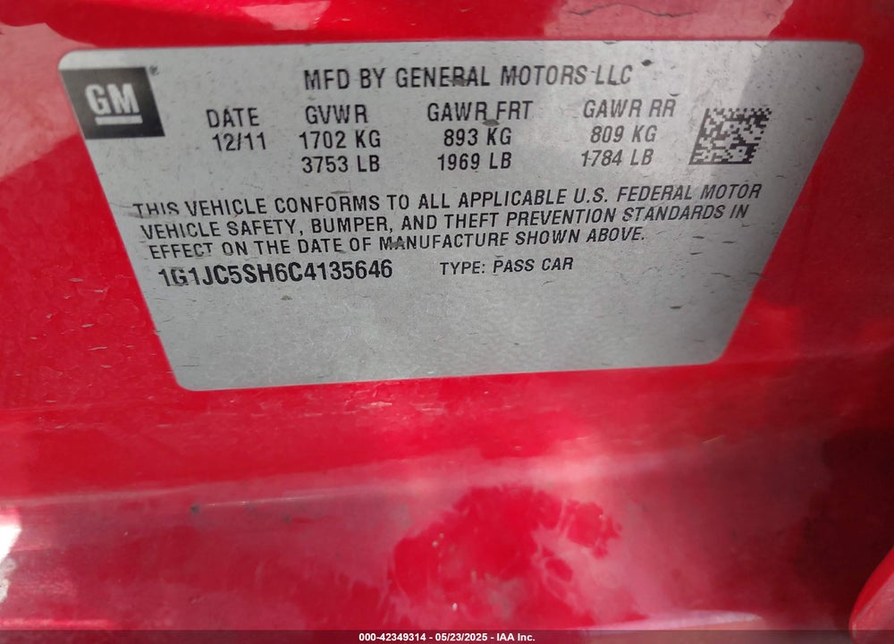 2012 CHEVROLET SONIC VIN: 1G1JC5SH6C4135646