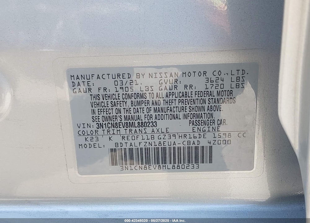 2021 NISSAN VERSA SV XTRONIC CVT VIN: 3N1CN8EV8ML880233