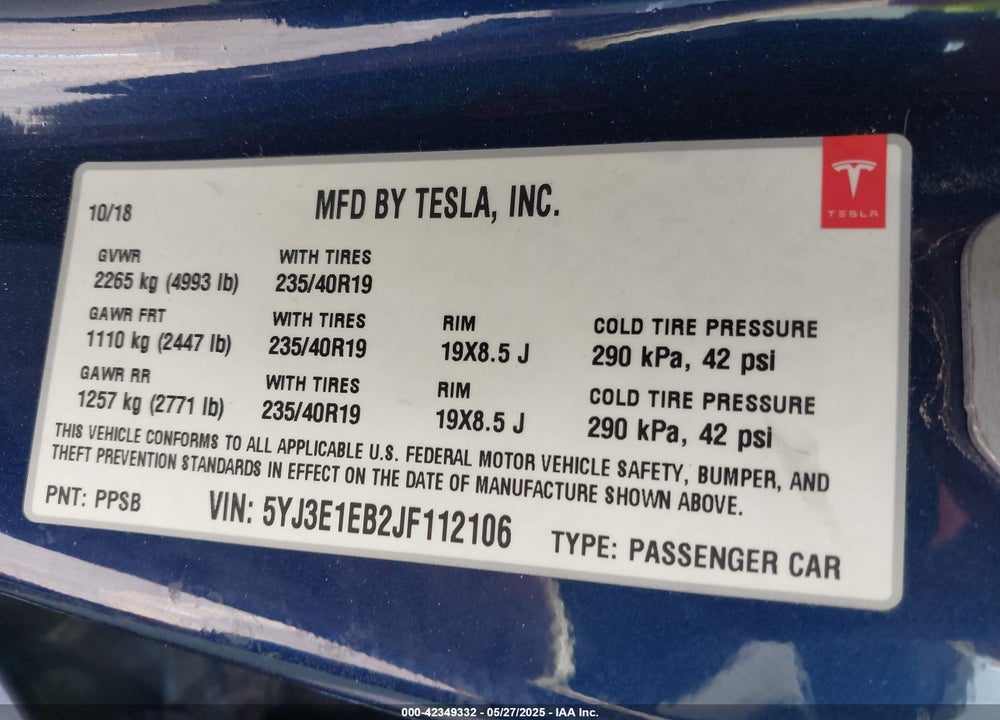 2018 TESLA MODEL 3 VIN: 5YJ3E1EB2JF112106