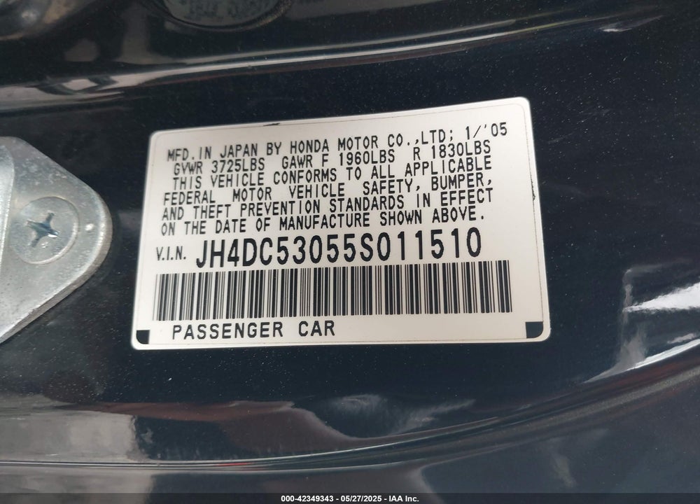 2005 ACURA RSX TYPE-S VIN: JH4DC53055S011510