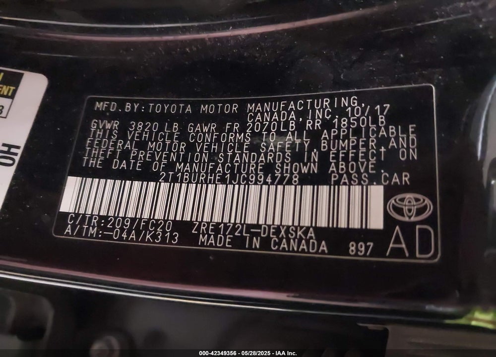 2018 TOYOTA COROLLA SE VIN: 2T1BURHE1JC994778