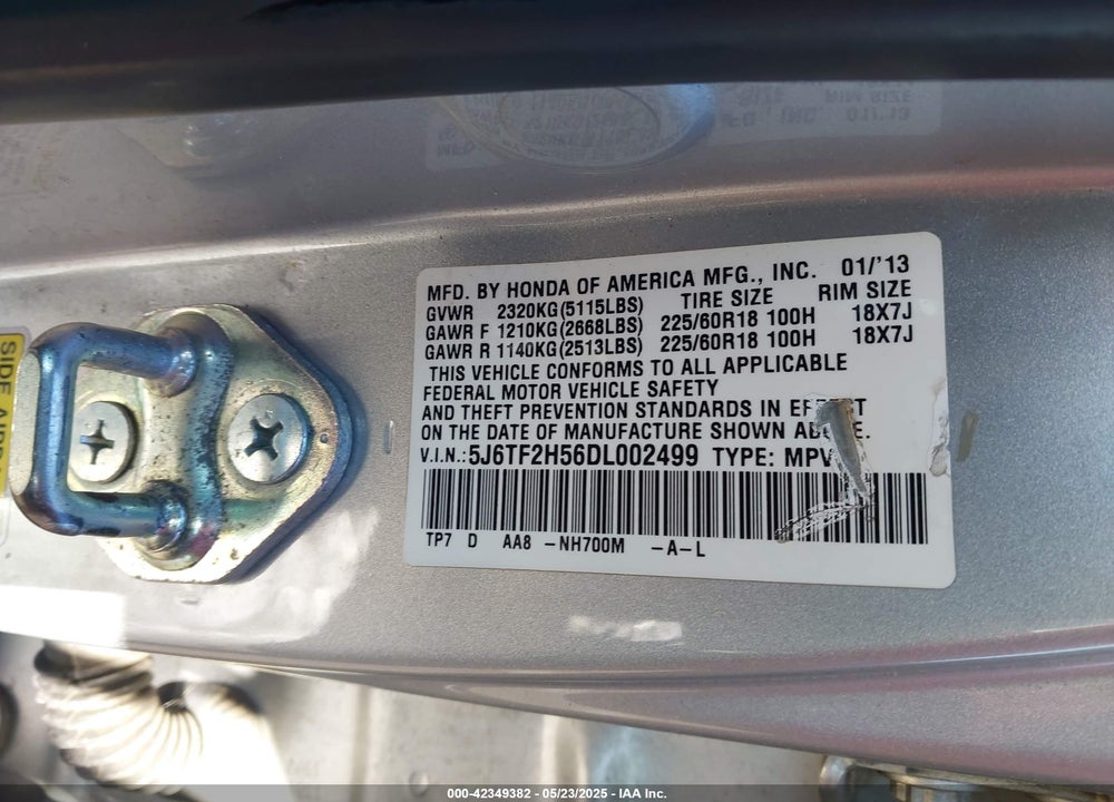 2013 HONDA CROSSTOUR VIN: 5J6TF2H56DL002499