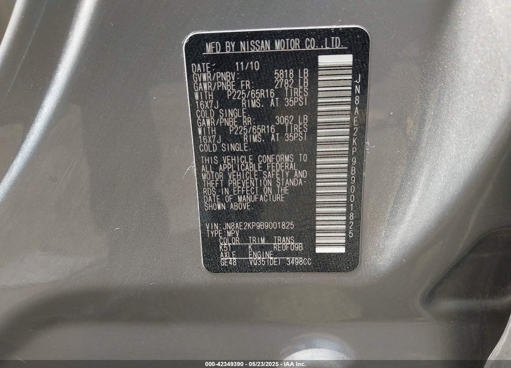 2011 NISSAN QUEST SV VIN: JN8AE2KP9B9001825