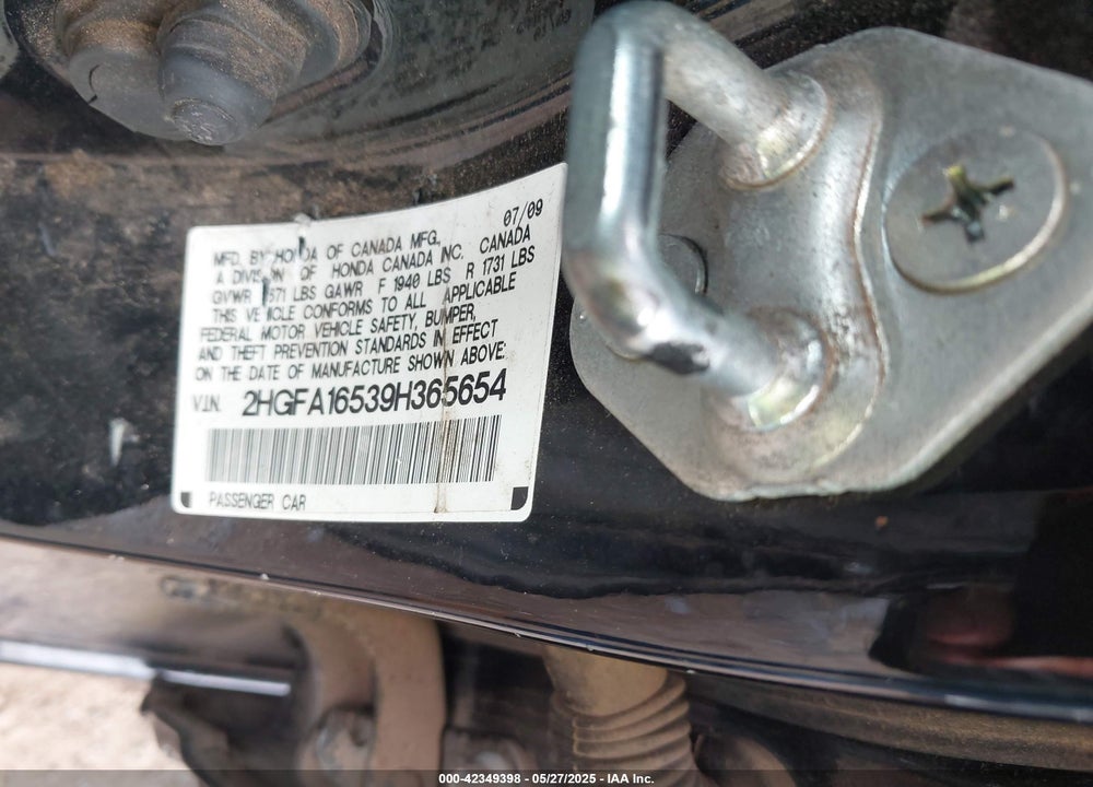 2009 HONDA CIVIC VIN: 2HGFA16539H365654