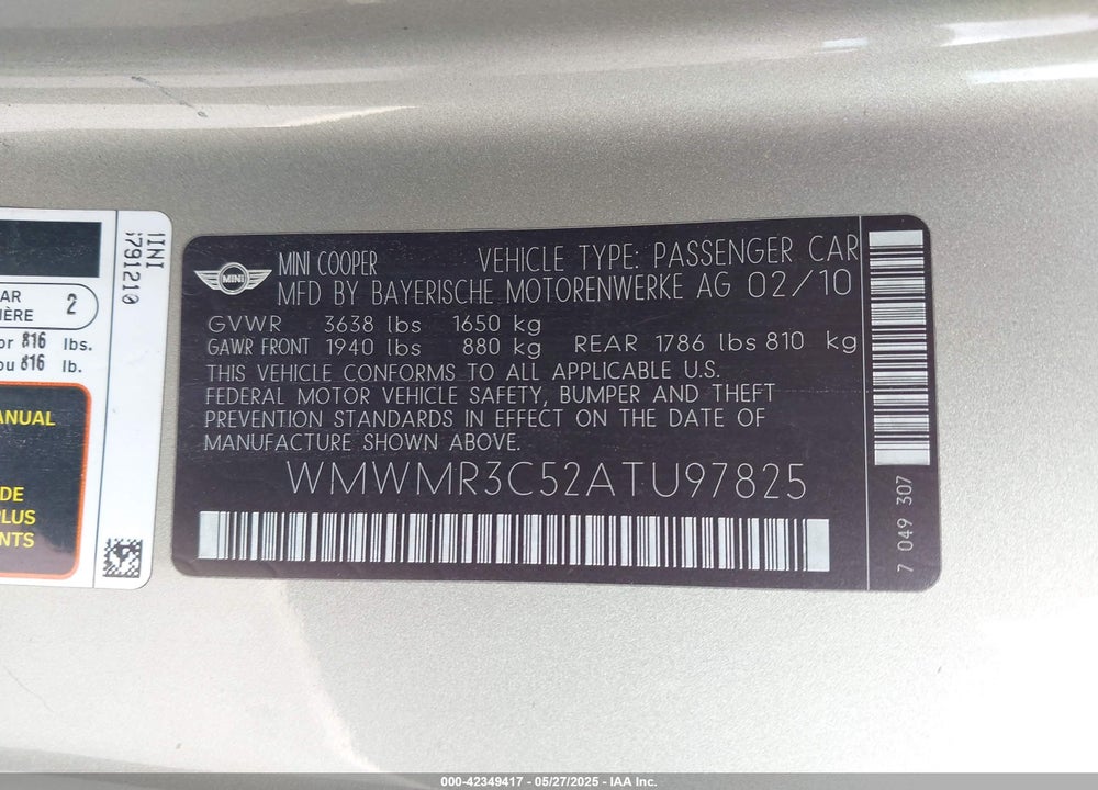 2010 MINI COOPER VIN: WMWMR3C52ATU97825