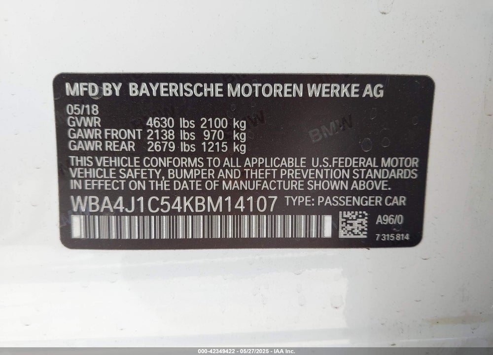 2019 BMW 4 SERIES VIN: WBA4J1C54KBM14107