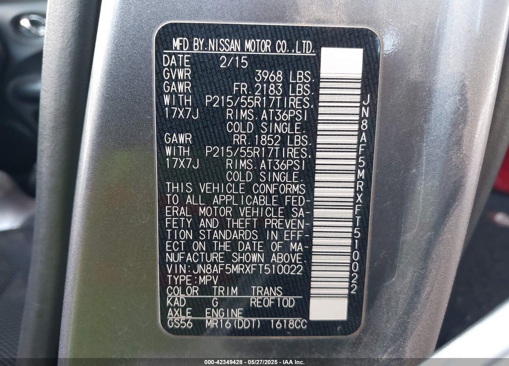 2015 NISSAN JUKE VIN: JN8AF5MRXFT510022