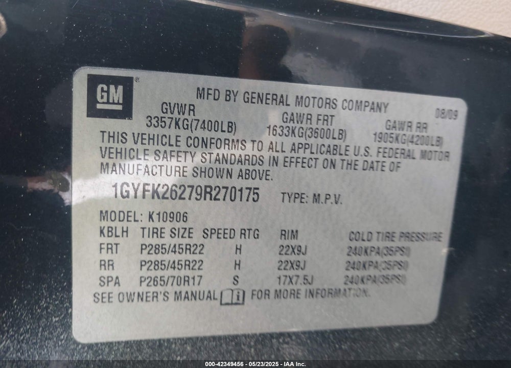2009 CADILLAC ESCALADE ESV STANDARD VIN: 1GYFK26279R270175