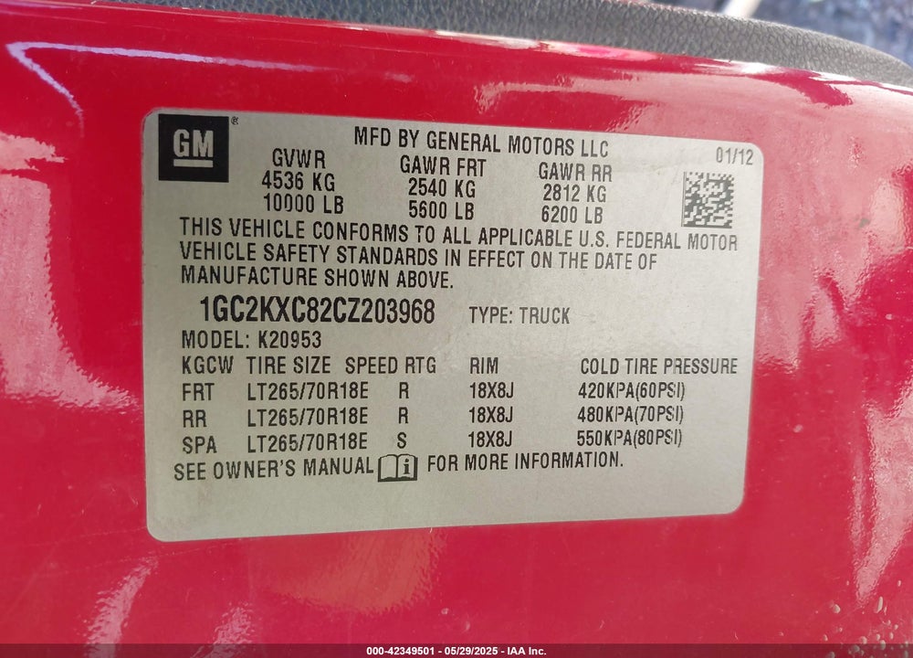 2012 CHEVROLET SILVERADO 2500HD VIN: 1GC2KXC82CZ203968
