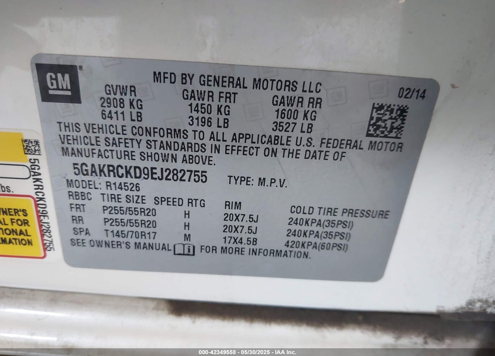 2014 BUICK ENCLAVE VIN: 5GAKRCKD9EJ282755