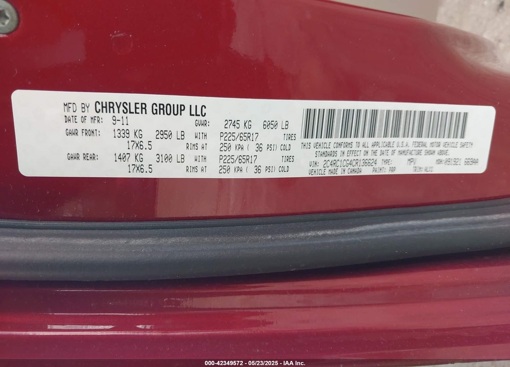 2012 CHRYSLER TOWN & COUNTRY TOURING-L VIN: 2C4RC1CG4CR136624