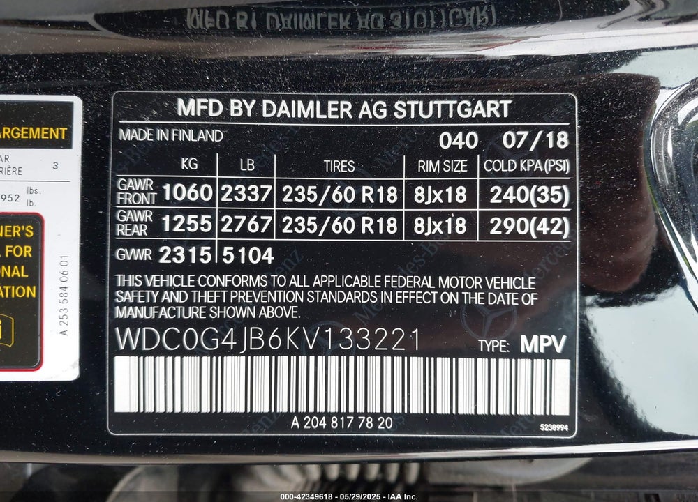 2019 MERCEDES-BENZ GLC 300 VIN: WDC0G4JB6KV133221