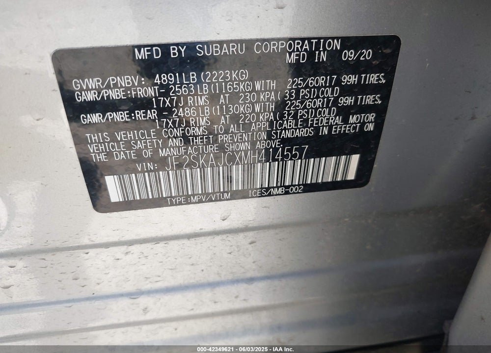 2021 SUBARU FORESTER VIN: JF2SKAJCXMH414557