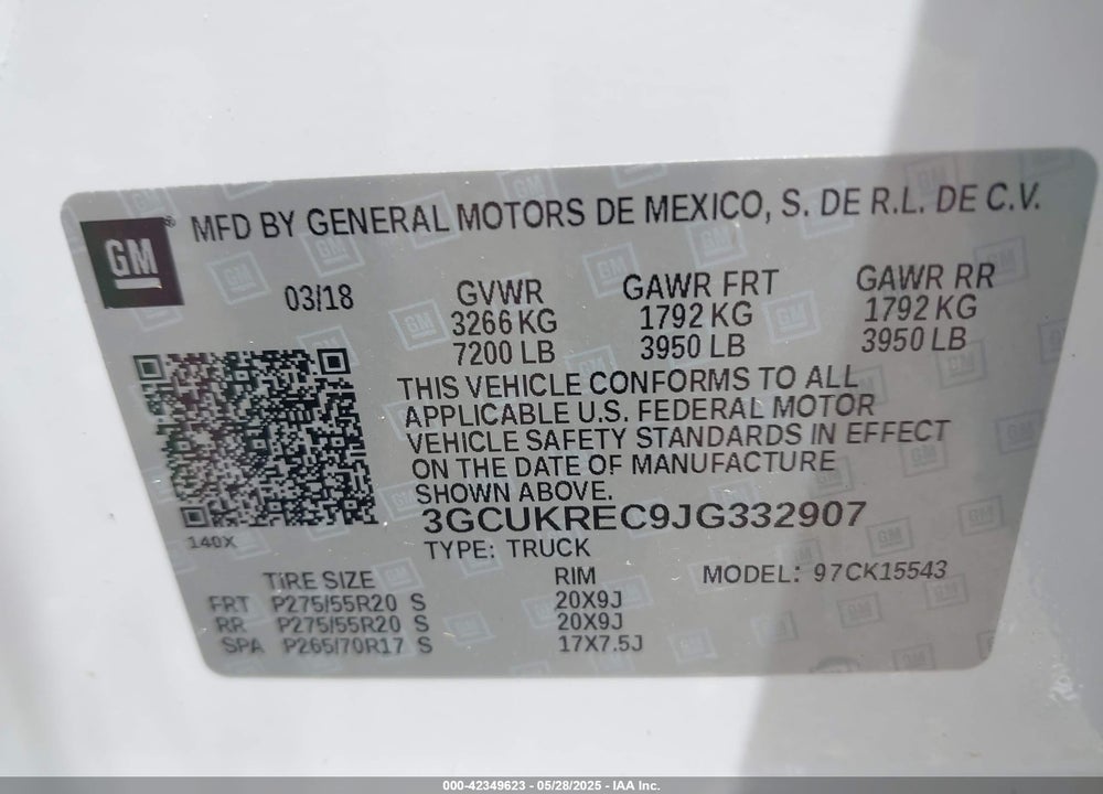2018 CHEVROLET ALL MODELS VIN: 3GCUKREC9JG332907