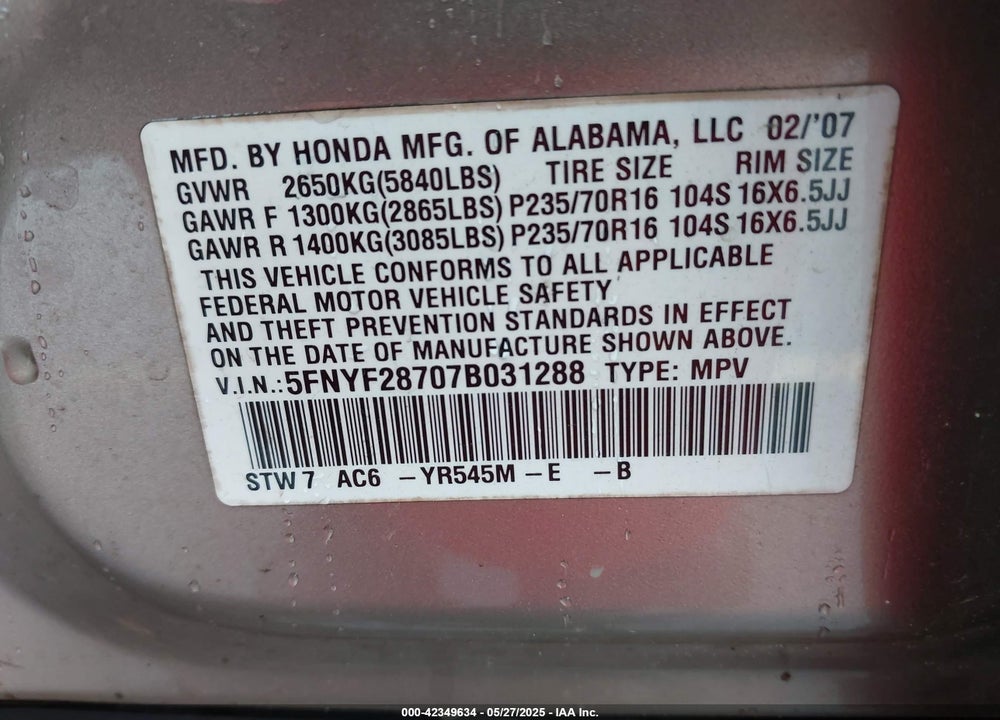 2007 HONDA PILOT VIN: 5FNYF28707B031288