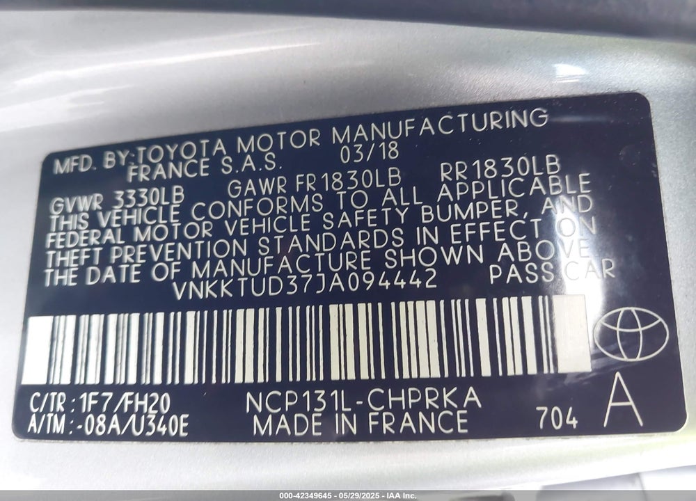 2018 TOYOTA YARIS L/LE/SE VIN: VNKKTUD37JA094442