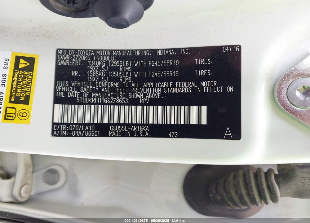 2016 TOYOTA HIGHLANDER VIN: 5TDDKRFH1GS278653