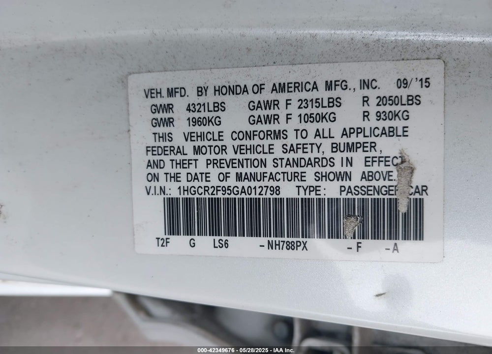 2016 HONDA ACCORD VIN: 1HGCR2F95GA012798