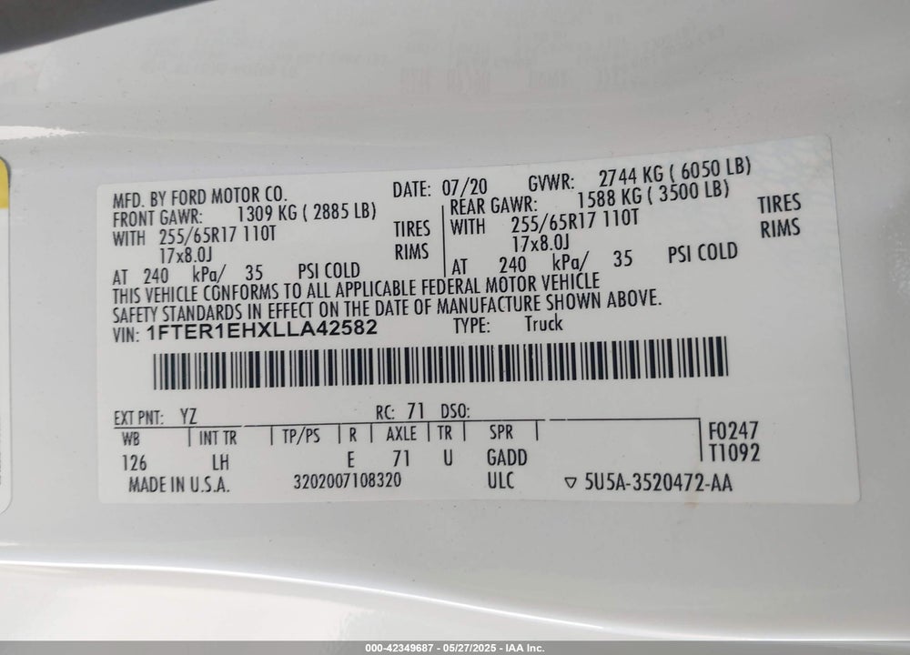 2020 FORD RANGER XL VIN: 1FTER1EHXLLA42582