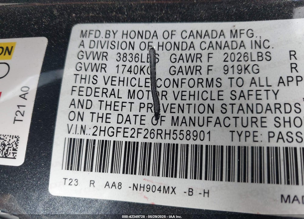 2024 HONDA CIVIC VIN: 2HGFE2F26RH558901
