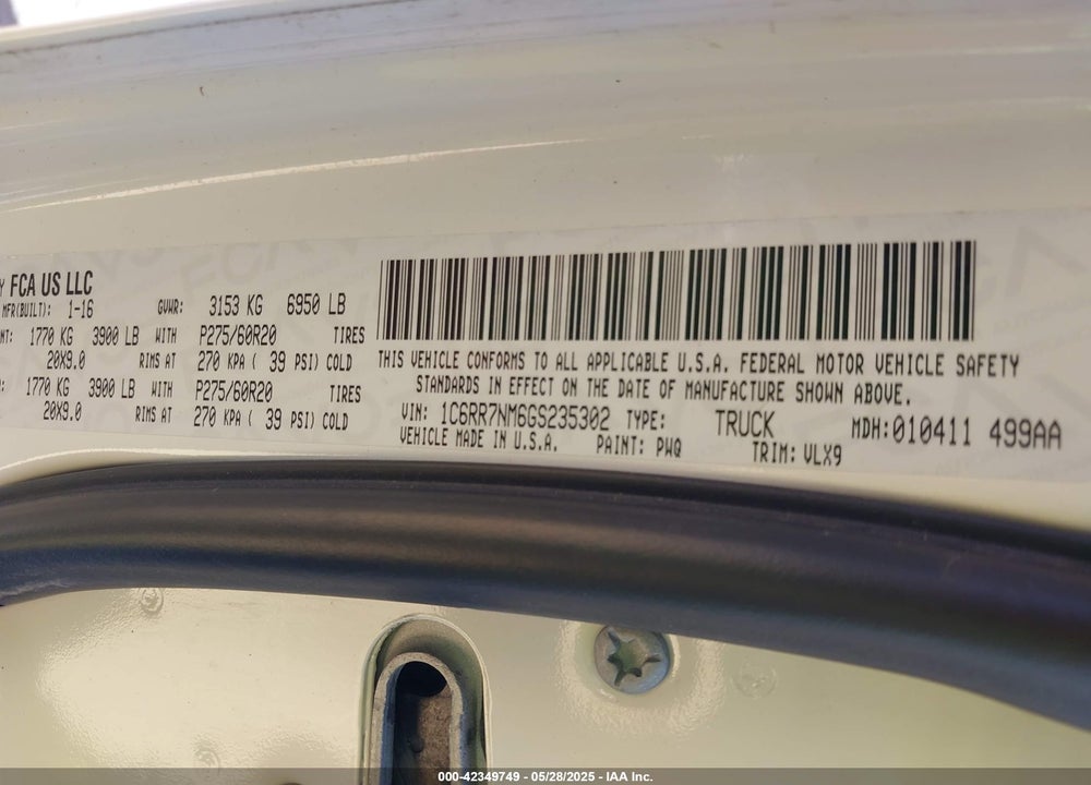 2016 RAM 1500 VIN: 1C6RR7NM6GS235302
