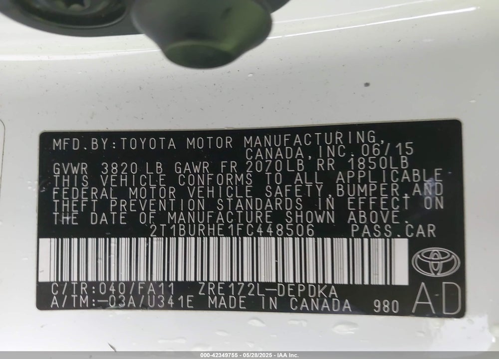2015 TOYOTA COROLLA VIN: 2T1BURHE1FC448506