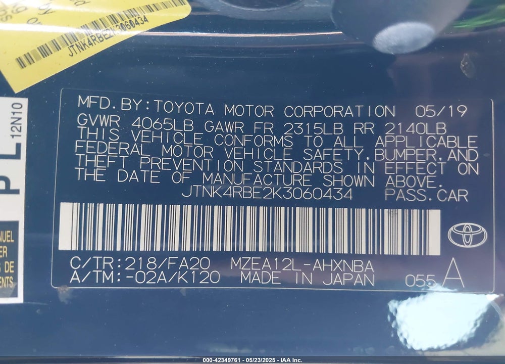 2019 TOYOTA COROLLA SE VIN: JTNK4RBE2K3060434