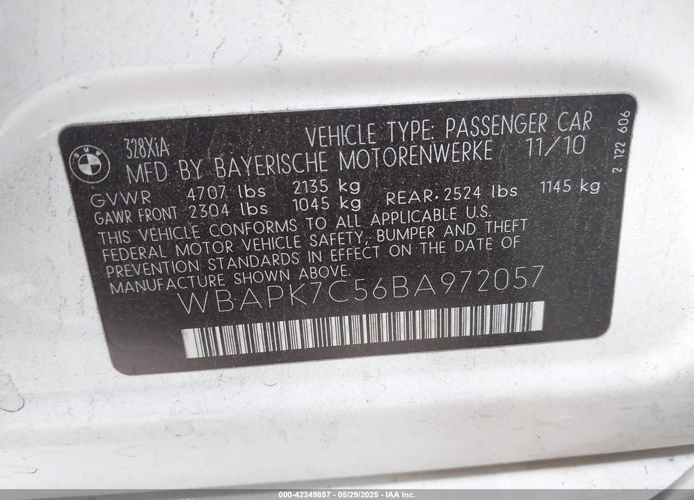 2011 BMW 328I XDRIVE VIN: WBAPK7C56BA972057