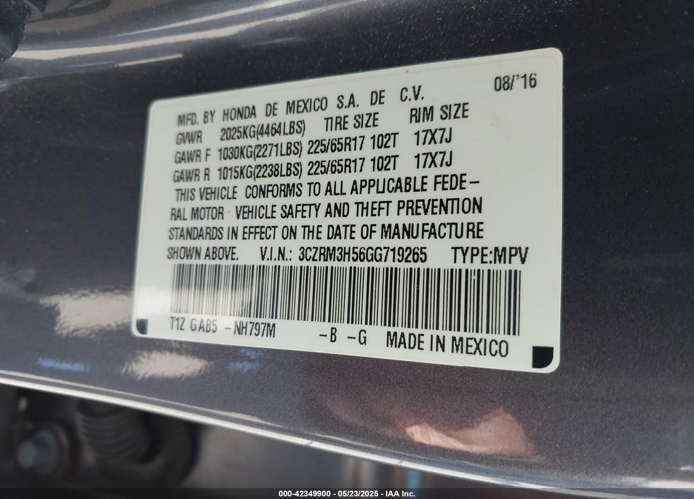 2016 HONDA CR-V EX VIN: 3CZRM3H56GG719265