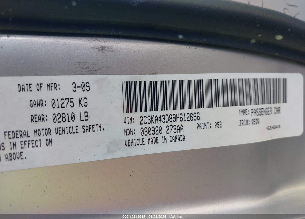 2009 CHRYSLER 300 VIN: 2C3KA43D89H612696