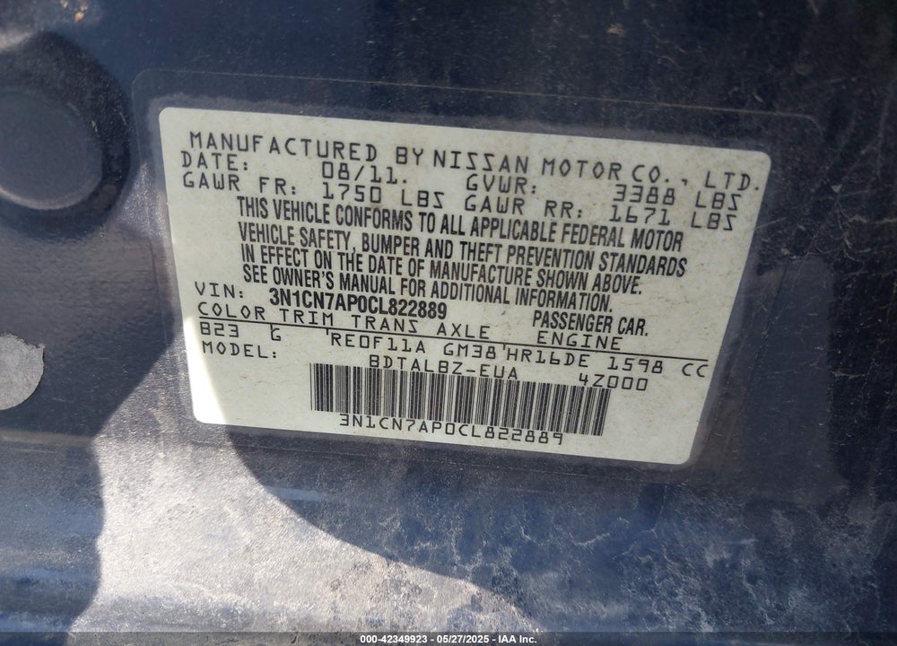 2012 NISSAN VERSA VIN: 3N1CN7AP0CL822889