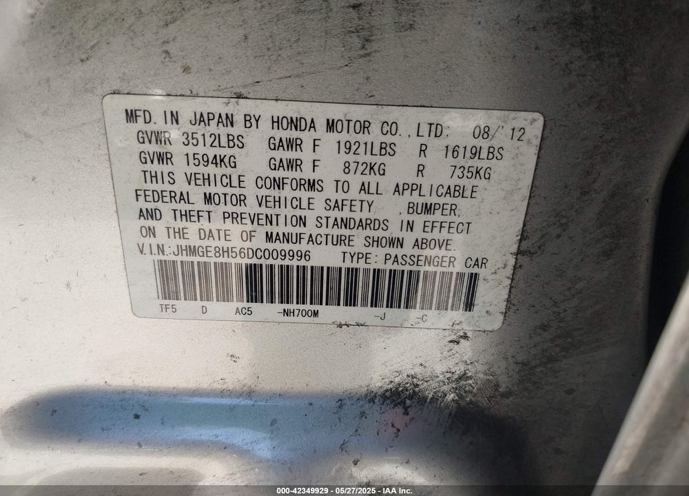 2013 HONDA FIT VIN: JHMGE8H56DC009996