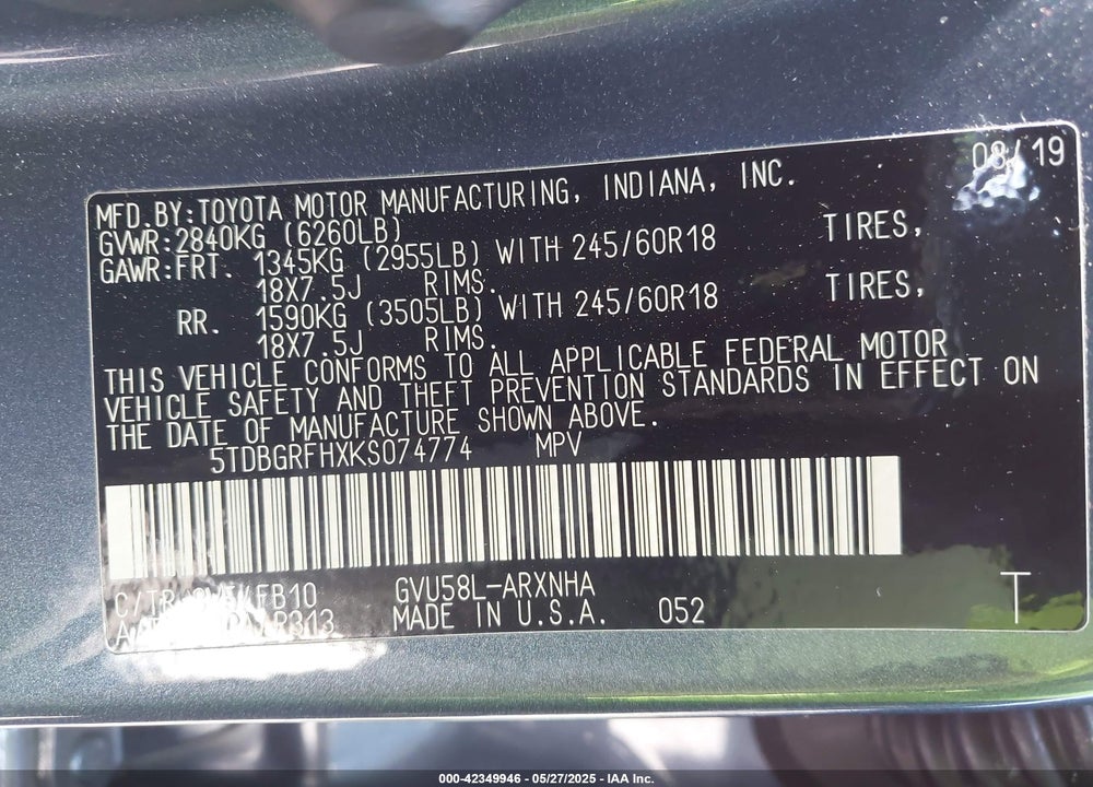2019 TOYOTA HIGHLANDER HYBRID VIN: 5TDBGRFHXKS074774