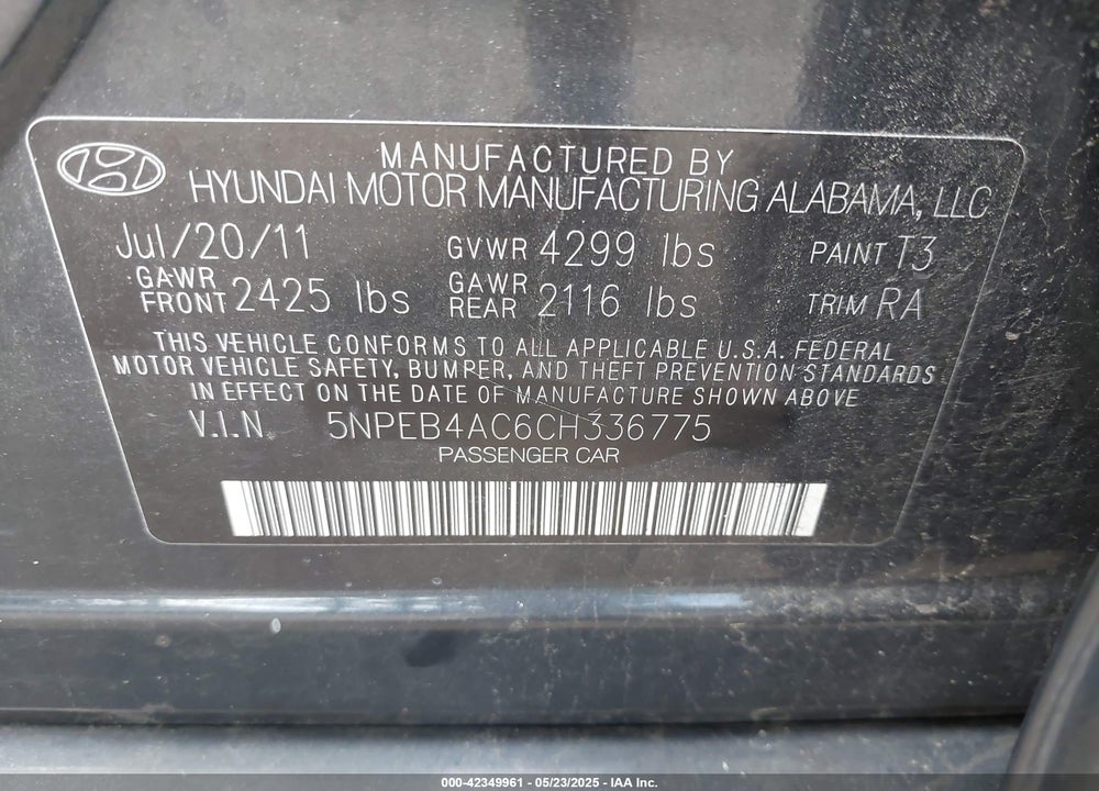 2012 HYUNDAI SONATA GLS VIN: 5NPEB4AC6CH336775