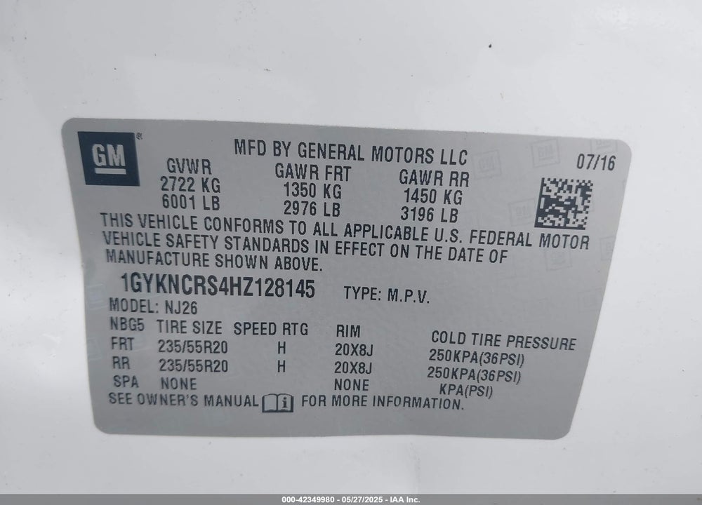 2017 CADILLAC XT5 VIN: 1GYKNCRS4HZ128145