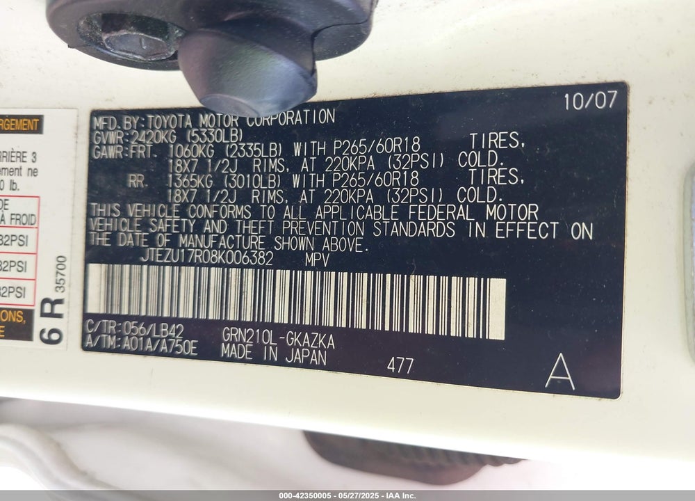 2008 TOYOTA 4RUNNER VIN: JTEZU17R08K006382