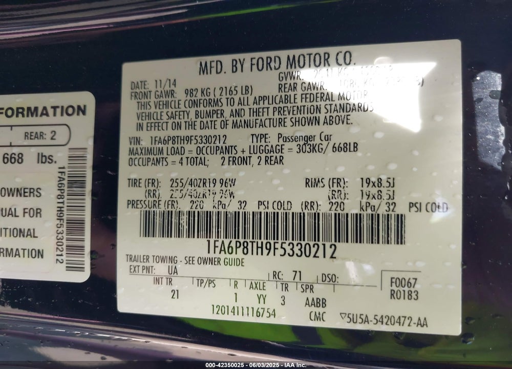 2015 FORD MUSTANG VIN: 1FA6P8TH9F5330212