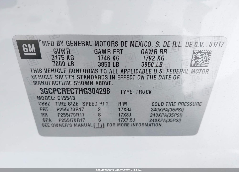 2017 CHEVROLET SILVERADO 1500 1LT VIN: 3GCPCREC7HG304298