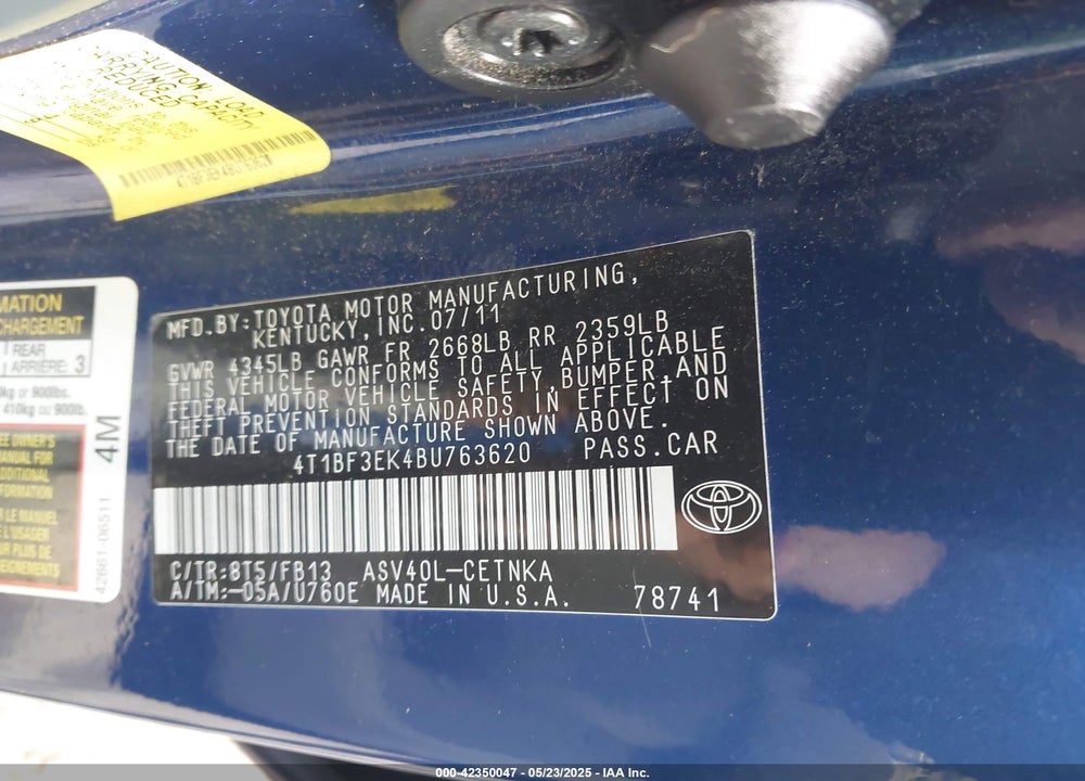 2011 TOYOTA CAMRY VIN: 4T1BF3EK4BU763620