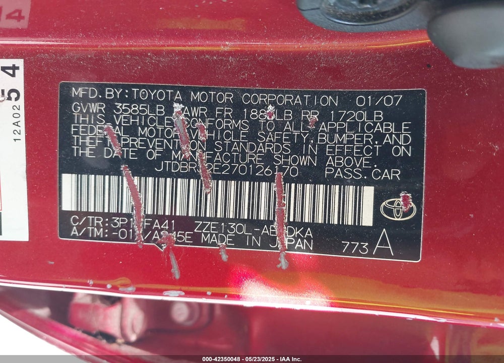 2007 TOYOTA COROLLA CE/LE/S VIN: JTDBR32E270126170