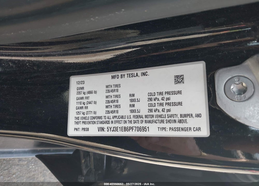 2023 TESLA MODEL 3 LONG RANGE DUAL MOTOR ALL-WHEEL DRIVE VIN: 5YJ3E1EB6PF706951