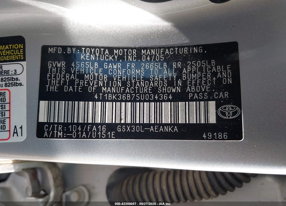 2005 TOYOTA AVALON LIMITED/TOURING/XL/XLS VIN: 4T1BK36B75U034364
