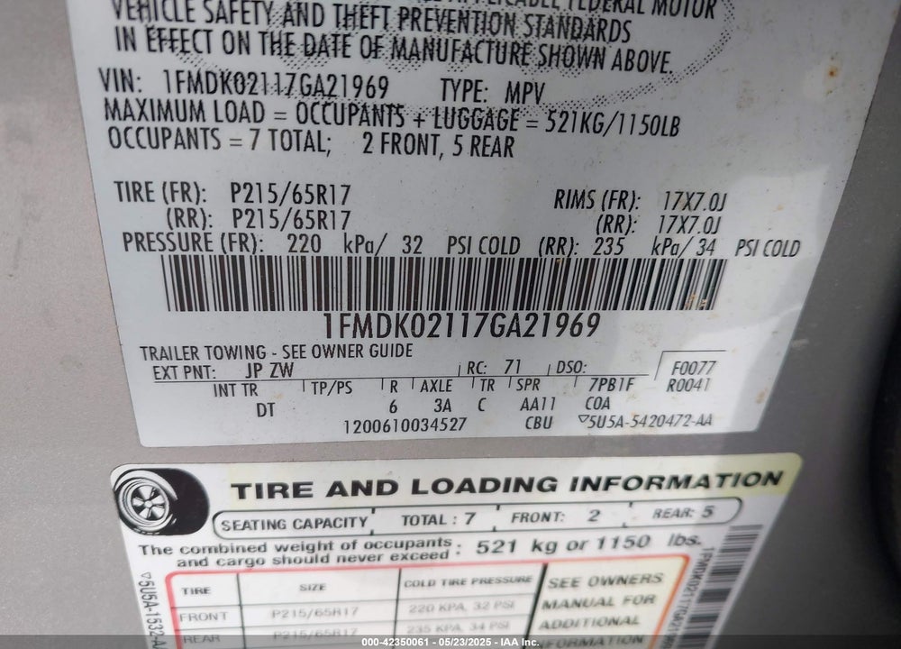 2007 FORD FREESTYLE VIN: 1FMDK02117GA21969