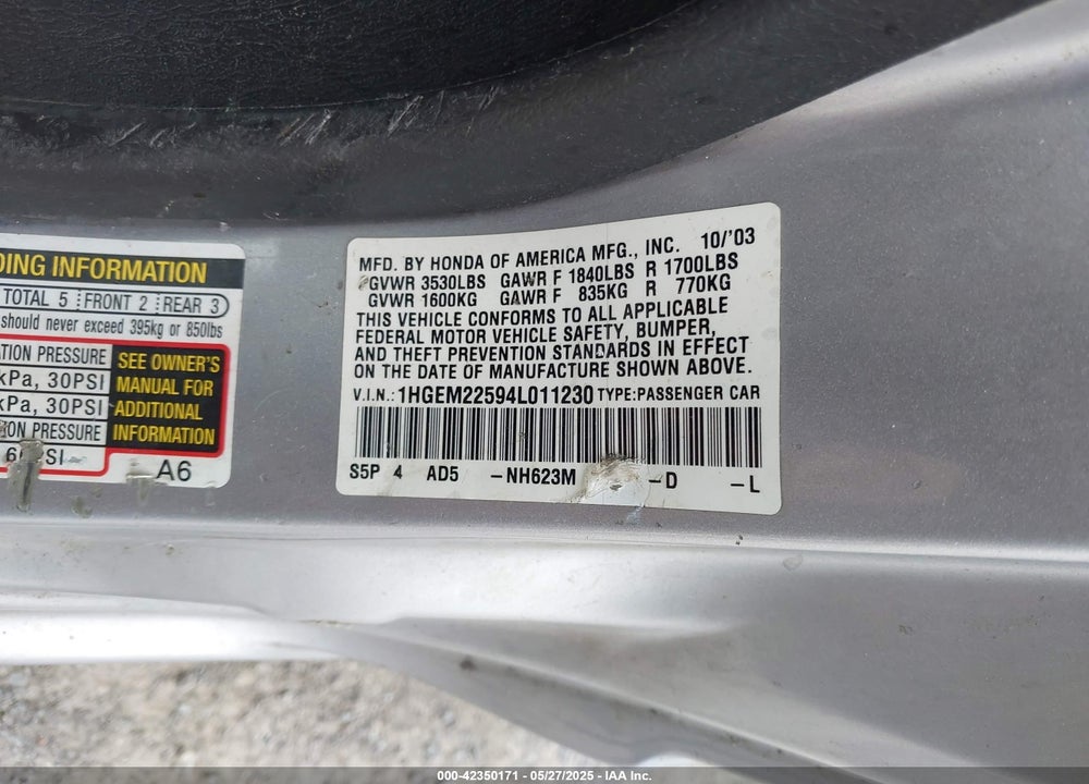 2004 HONDA CIVIC LX VIN: 1HGEM22594L011230