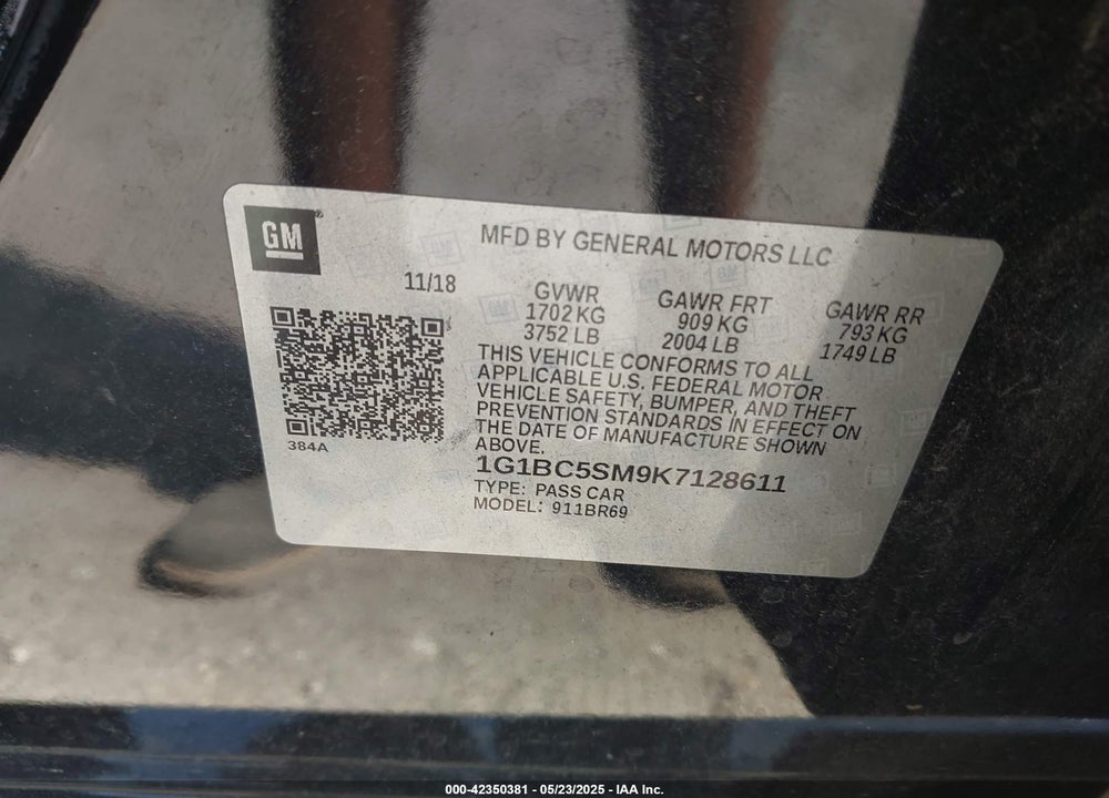 2019 CHEVROLET CRUZE VIN: 1G1BC5SM9K7128611