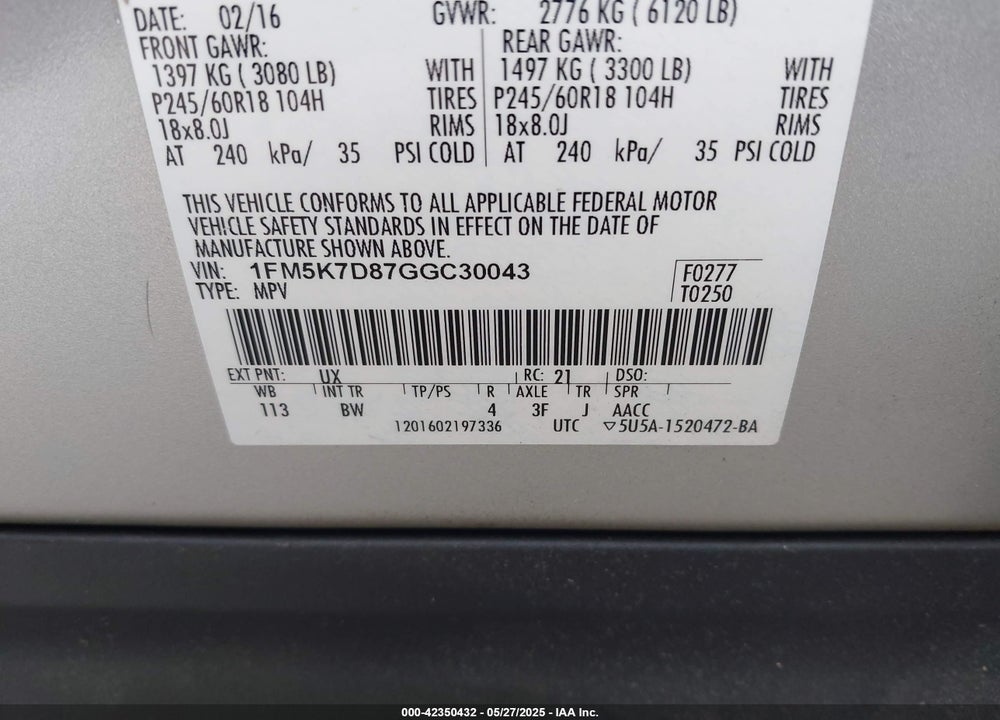 2016 FORD EXPLORER XLT VIN: 1FM5K7D87GGC30043