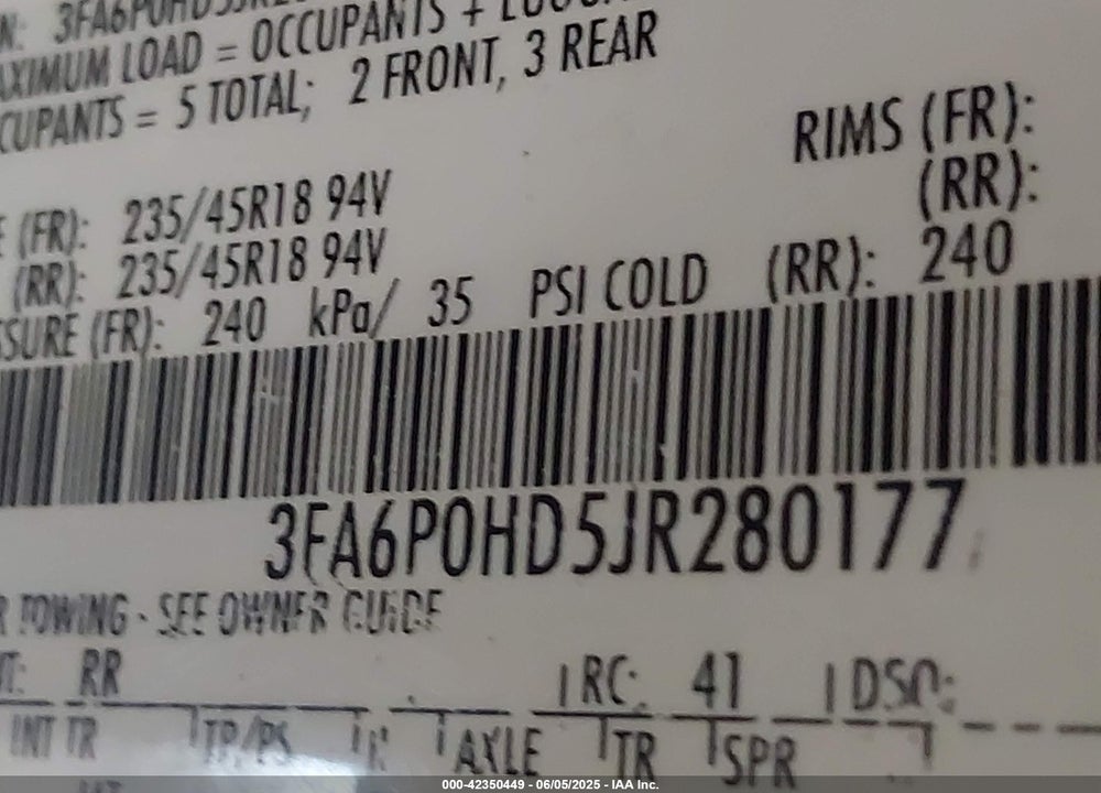 2018 FORD FUSION VIN: 3FA6P0HD5JR280177