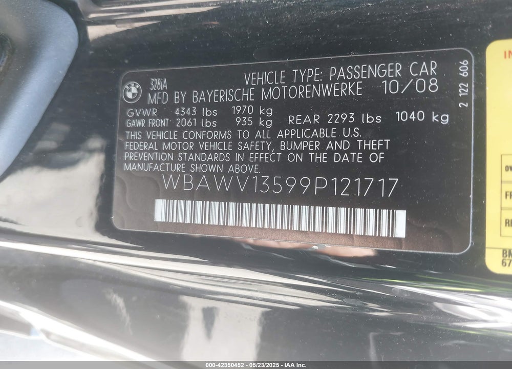 2009 BMW 328I VIN: WBAWV13599P121717