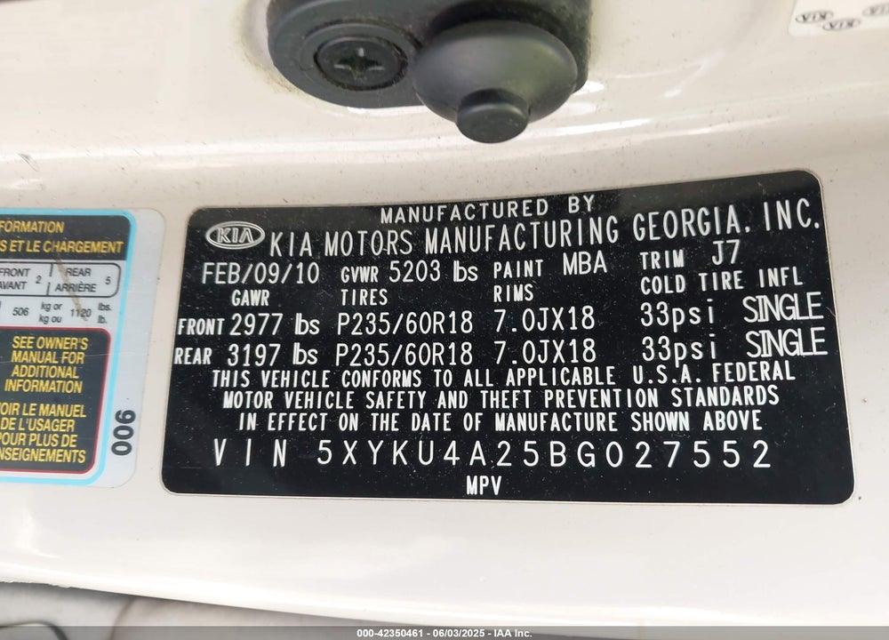 2011 KIA SORENTO VIN: 5XYKU4A25BG027552